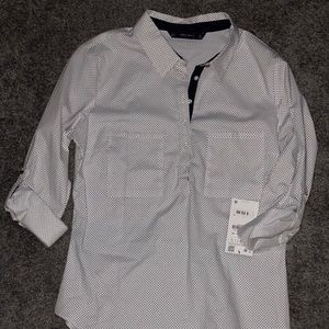 Zara White & Blue Polka Dot Blouse. Size Large